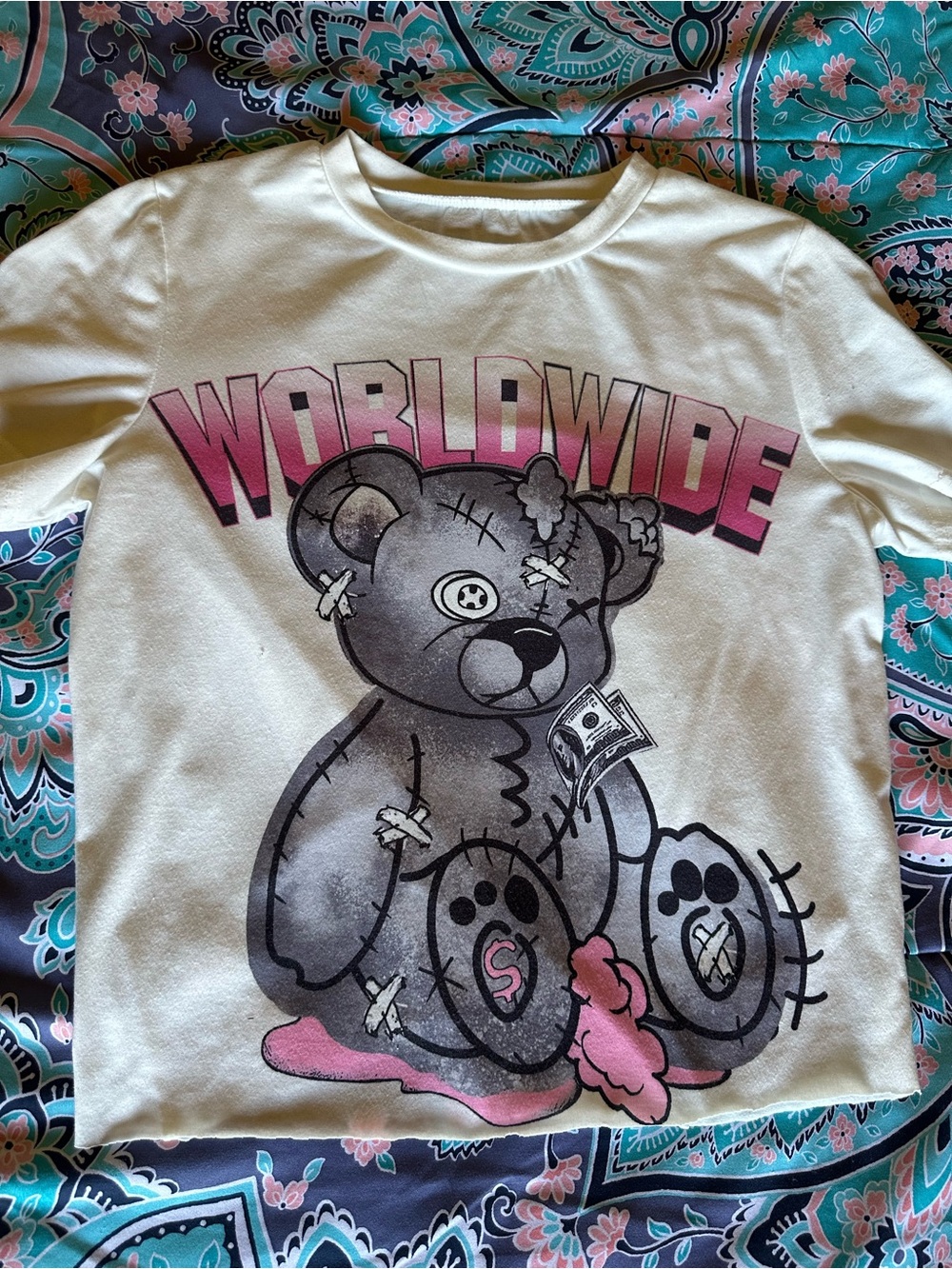 SHEIN White Tee with Pink Ombre 'WORLDWIDE' Teddy Graphic